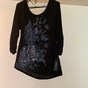 Style & Co Black Silver Purple Floral  Design Tunic 3/4 Sleeve Top